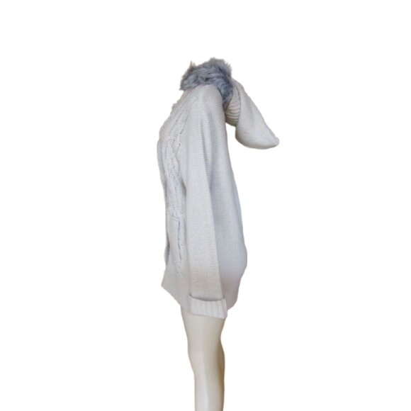 Y2K Michelle Nicole Beige Chunky Knit Full Zip Button Faux Fur Hooded Cardigan M - Picture 4 of 8